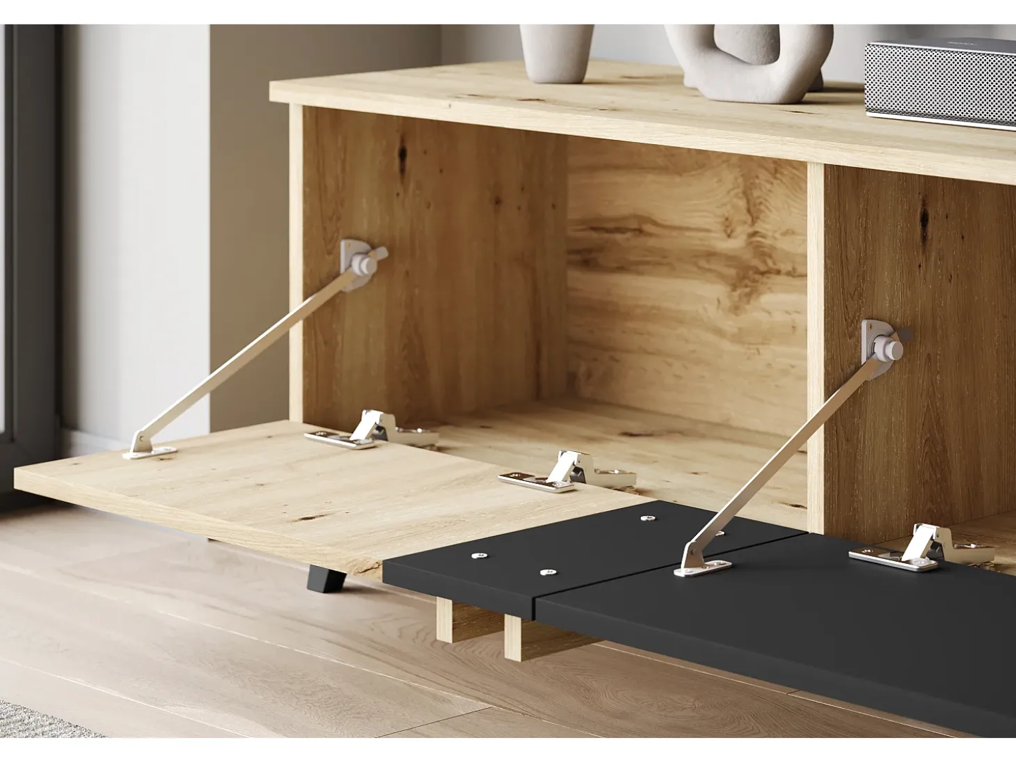 Móvel de TV 180 cm com pés para sala – lowboard moderno com três portas basculantes, artisan, preto mate