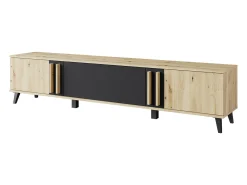 Móvel de TV 180 cm com pés para sala – lowboard moderno com três portas basculantes, artisan, preto mate