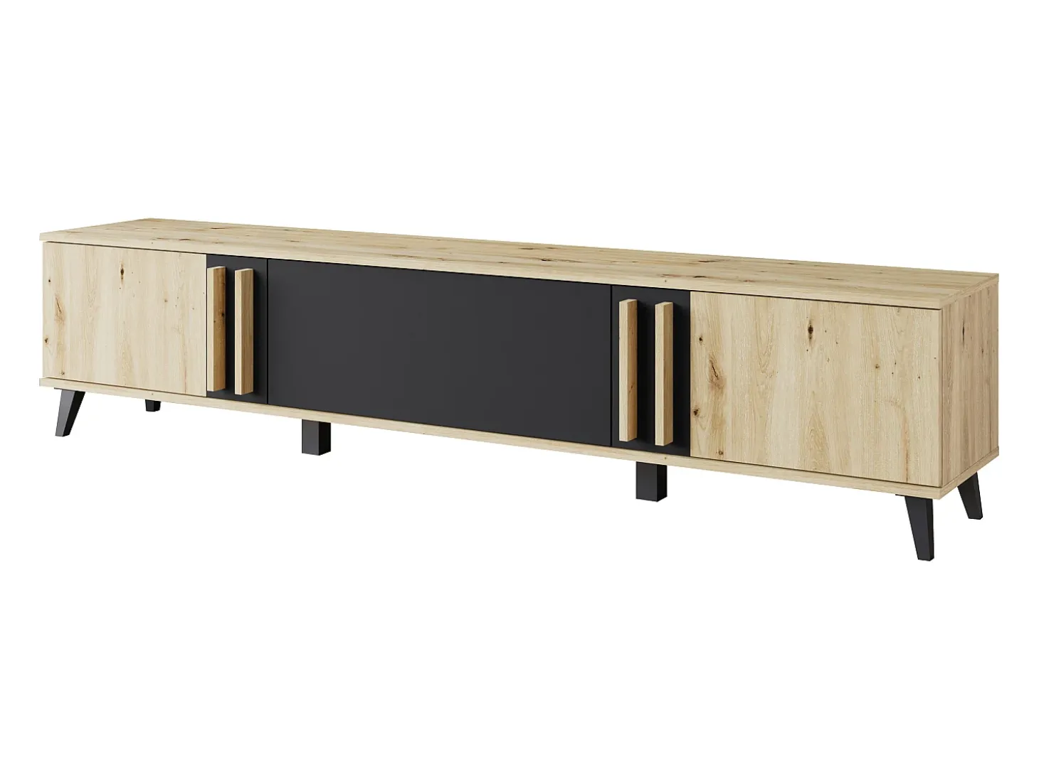 Móvel de TV 180 cm com pés para sala – lowboard moderno com três portas basculantes, artisan, preto mate