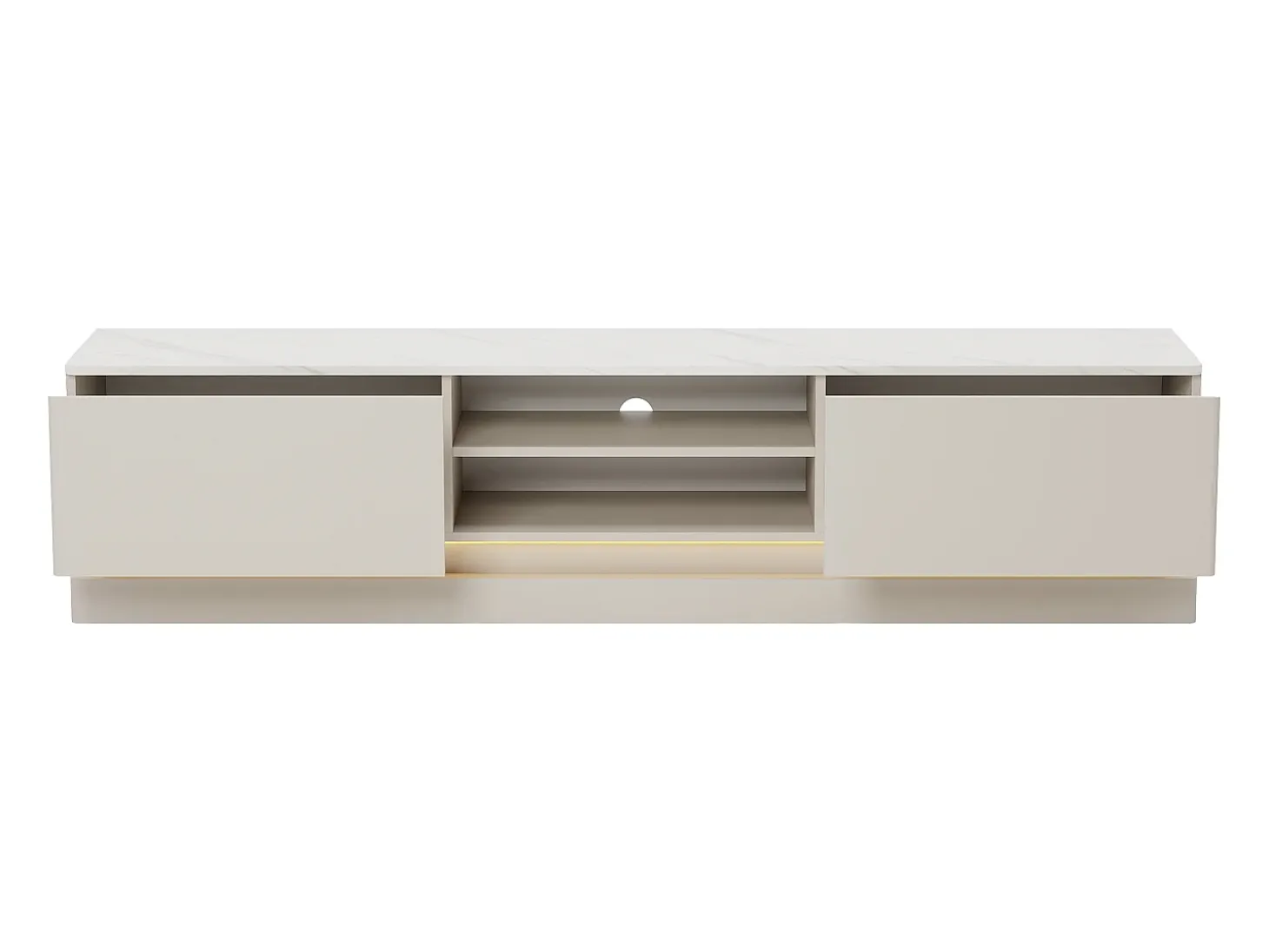 Móvel de TV 2 gavetas e 2 nichos com LEDs em MDF bege e efeito mármore branco - DEVIKA
