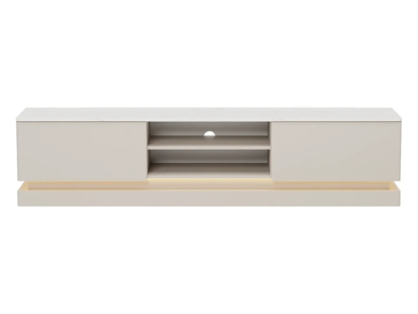 Móvel de TV 2 gavetas e 2 nichos com LEDs em MDF bege e efeito mármore branco - DEVIKA