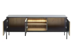 Móvel de TV 3 portas com LEDs em MDF e vidro fumado natural claro e preto OVILA