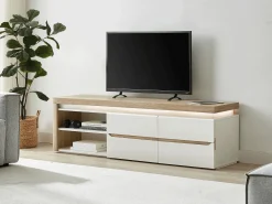 Móvel de TV, 2 portas e 2 nichos com LEDs em MDF lacado a branco e natural VADEMOSA