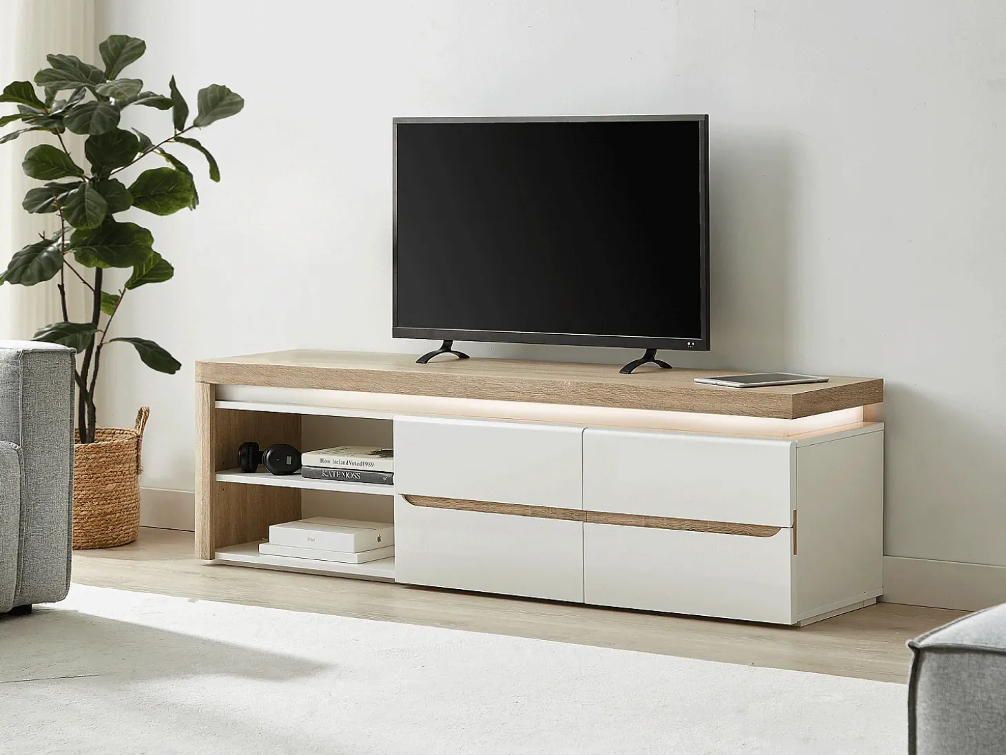 Móvel de TV, 2 portas e 2 nichos com LEDs em MDF lacado a branco e natural VADEMOSA