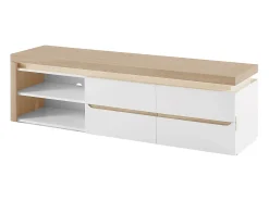 Móvel de TV, 2 portas e 2 nichos com LEDs em MDF lacado a branco e natural VADEMOSA