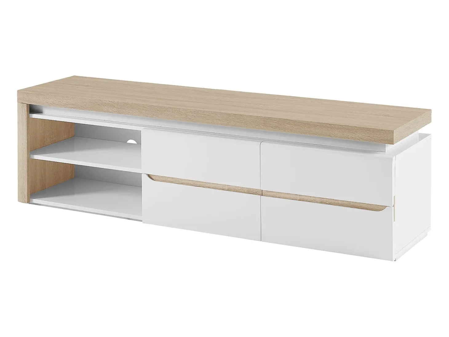 Móvel de TV, 2 portas e 2 nichos com LEDs em MDF lacado a branco e natural VADEMOSA