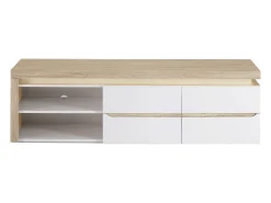 Móvel de TV, 2 portas e 2 nichos com LEDs em MDF lacado a branco e natural VADEMOSA