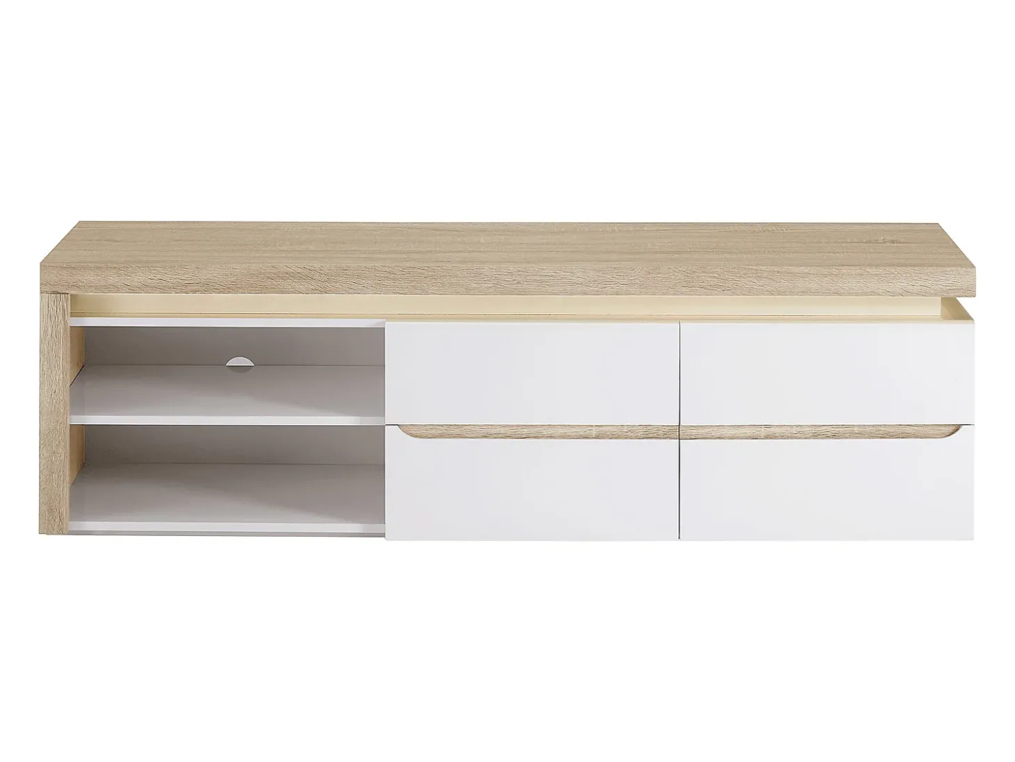 Móvel de TV, 2 portas e 2 nichos com LEDs em MDF lacado a branco e natural VADEMOSA