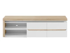 Móvel de TV, 2 portas e 2 nichos com LEDs em MDF lacado a branco e natural VADEMOSA