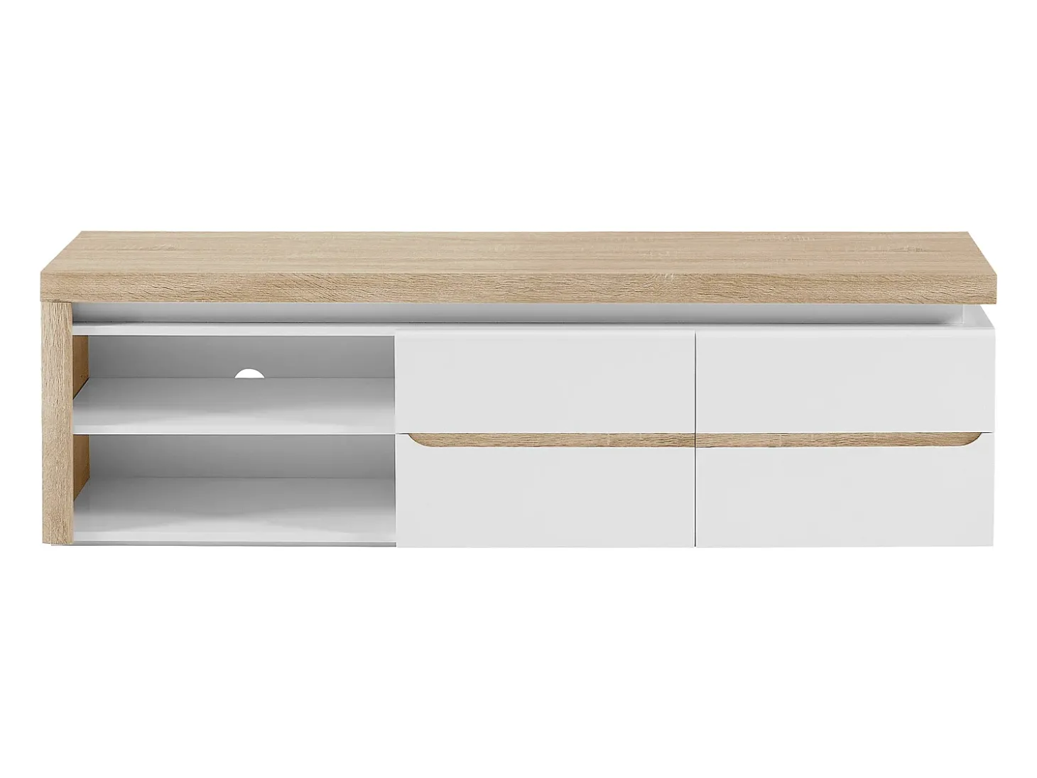 Móvel de TV, 2 portas e 2 nichos com LEDs em MDF lacado a branco e natural VADEMOSA