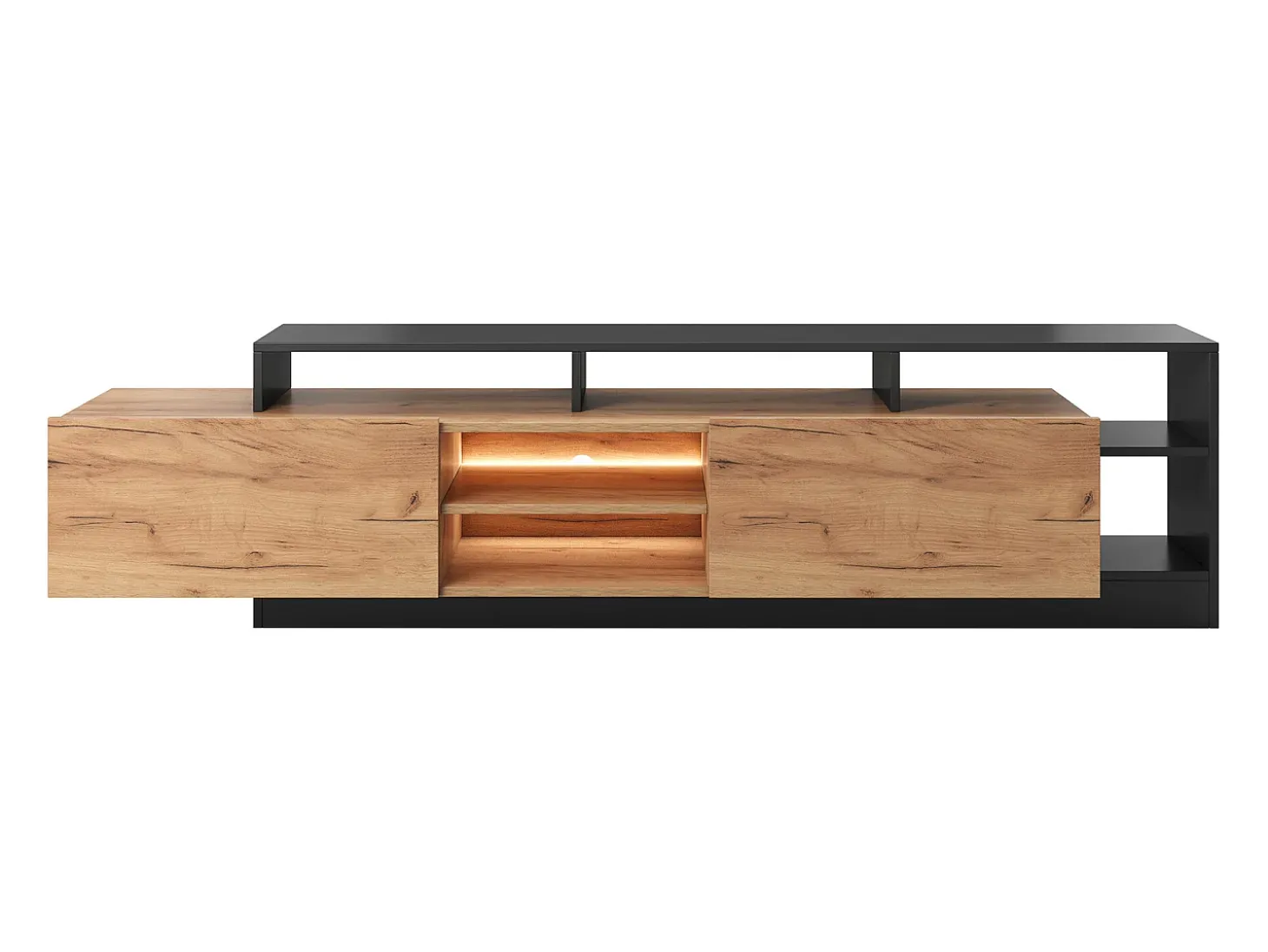 Móvel de TV 2 portas e 6 nichos com LEDs natural claro e antracite - IDESIA