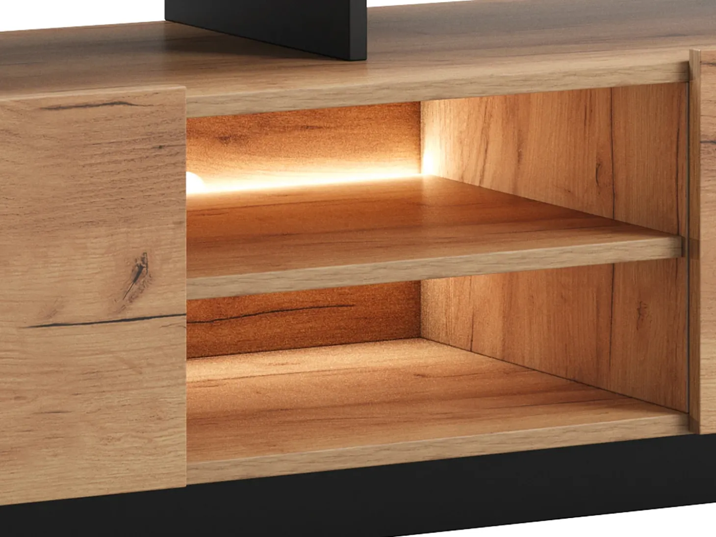 Móvel de TV 2 portas e 6 nichos com LEDs natural claro e antracite - IDESIA