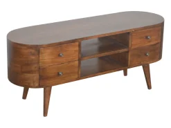 Móvel de TV arredondado em castanho Artisan Furniture, 4 gavetas, 2 prateleiras, castanho