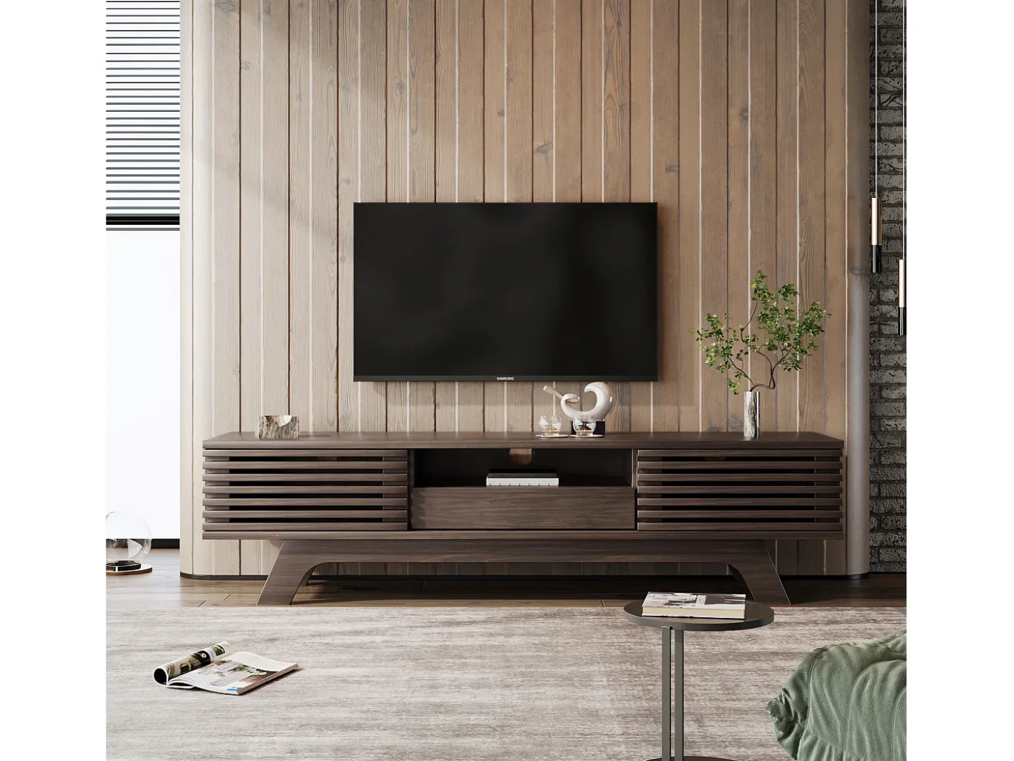 Móvel de TV baixo em estilo retrô com 2 portas e 1 gaveta, cor madeira, para sala de estar, 150 x 40 x 44,5 cm