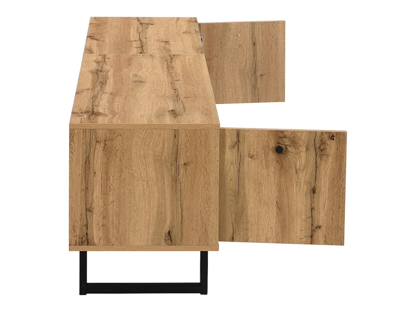 Móvel de TV baixo, Móvel de TV LED para quarto, com compartimentos e gaveta, Madeira industrial e metal preto