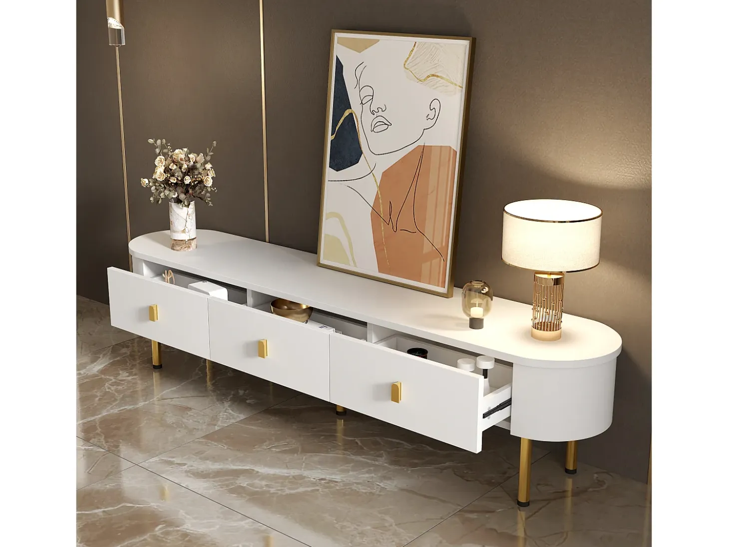 Móvel de TV branco com 3 gavetas, tampo oval e pés dourados.