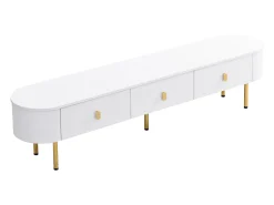 Móvel de TV branco com 3 gavetas, tampo oval e pés dourados.
