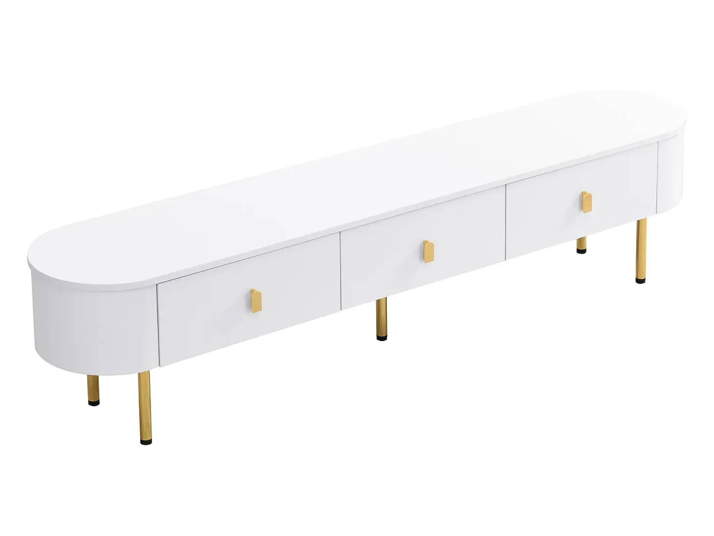 Móvel de TV branco com 3 gavetas, tampo oval e pés dourados.