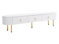 Móvel de TV branco com 3 gavetas, tampo oval e pés dourados.