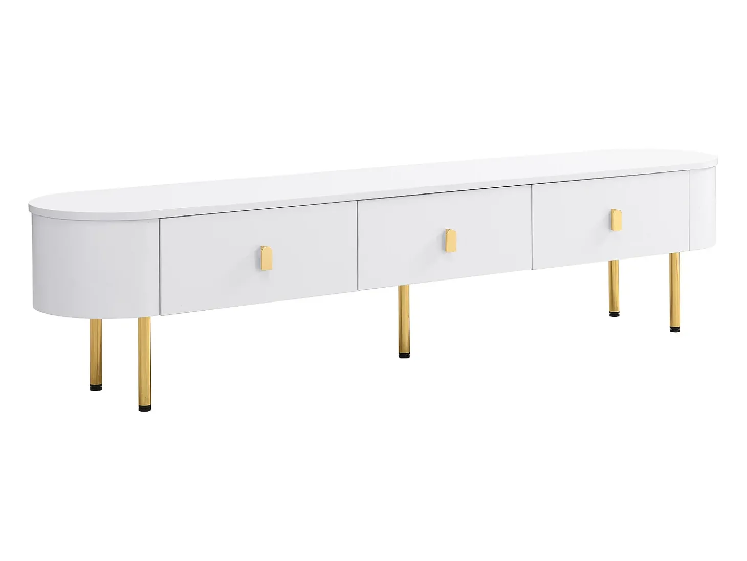 Móvel de TV branco com 3 gavetas, tampo oval e pés dourados.