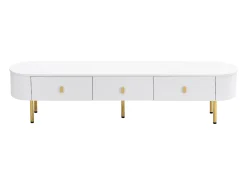 Móvel de TV branco com 3 gavetas, tampo oval e pés dourados.