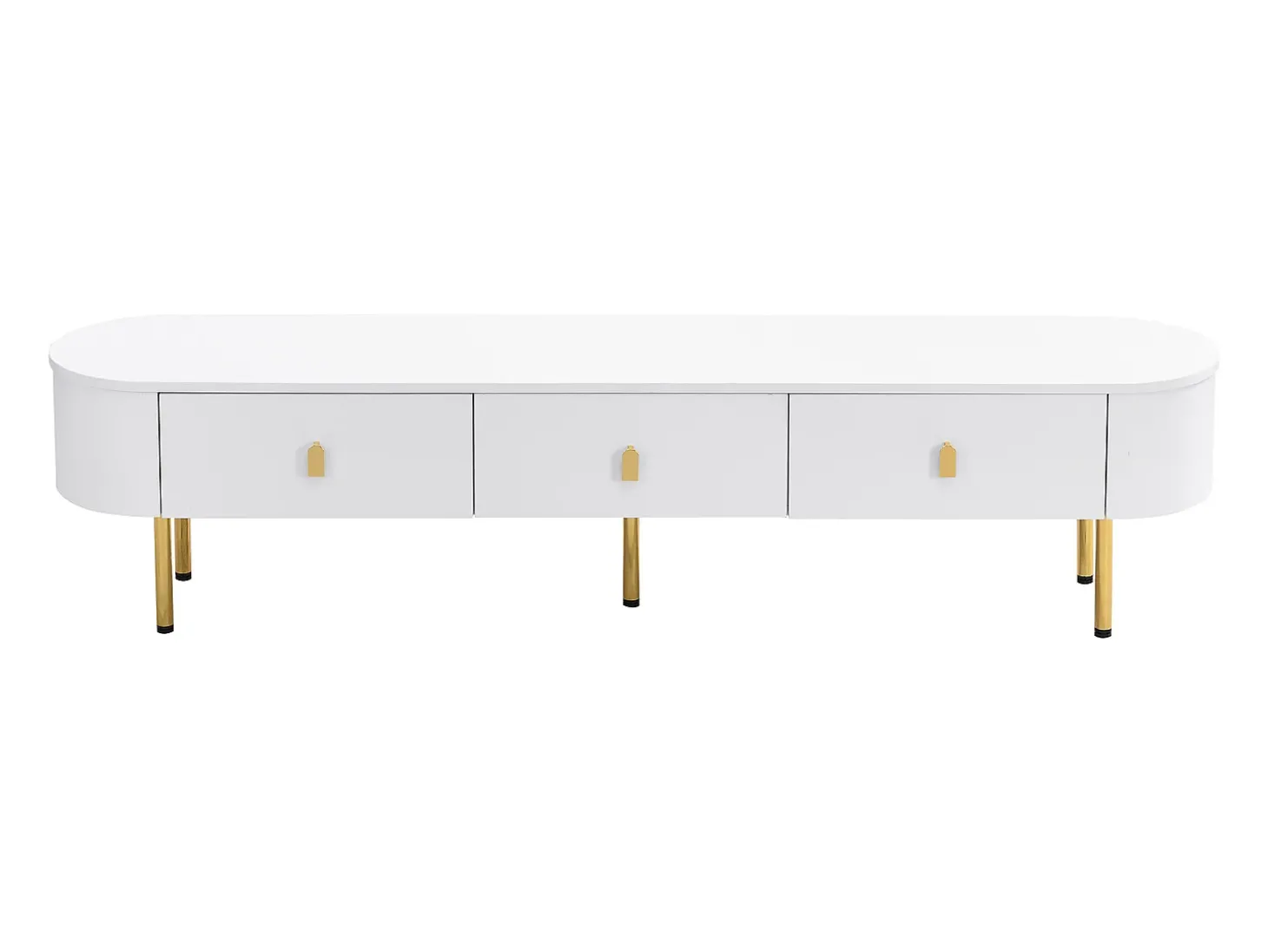 Móvel de TV branco com 3 gavetas, tampo oval e pés dourados.