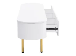 Móvel de TV branco com 3 gavetas, tampo oval e pés dourados.