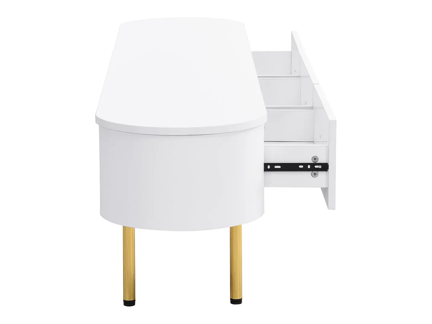 Móvel de TV branco com 3 gavetas, tampo oval e pés dourados.