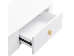 Móvel de TV branco com 3 gavetas, tampo oval e pés dourados.