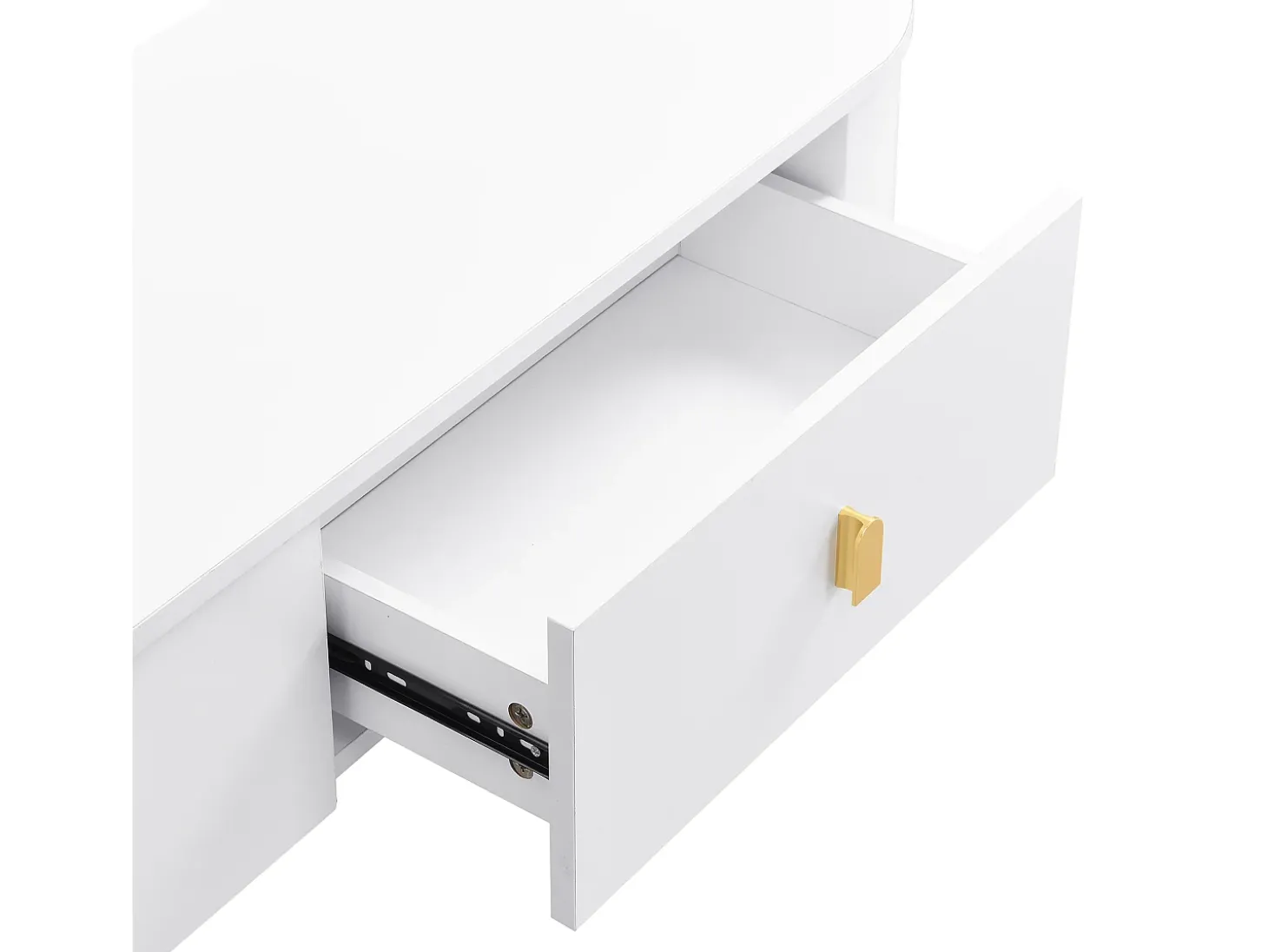 Móvel de TV branco com 3 gavetas, tampo oval e pés dourados.