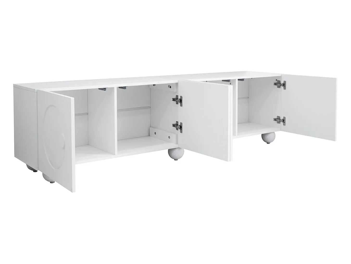 Móvel de TV branco com 4 portas - Pés redondos - MDF e madeira PB