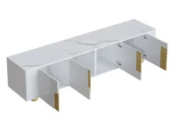 Móvel de TV branco com 4 portas - Tampo com efeito mármore - Pés esféricos em madeira