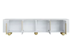 Móvel de TV branco com 4 portas - Tampo com efeito mármore - Pés esféricos em madeira