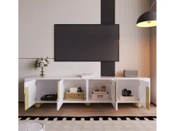 Móvel de TV branco com 4 portas - Tampo com efeito mármore - Pés esféricos em madeira