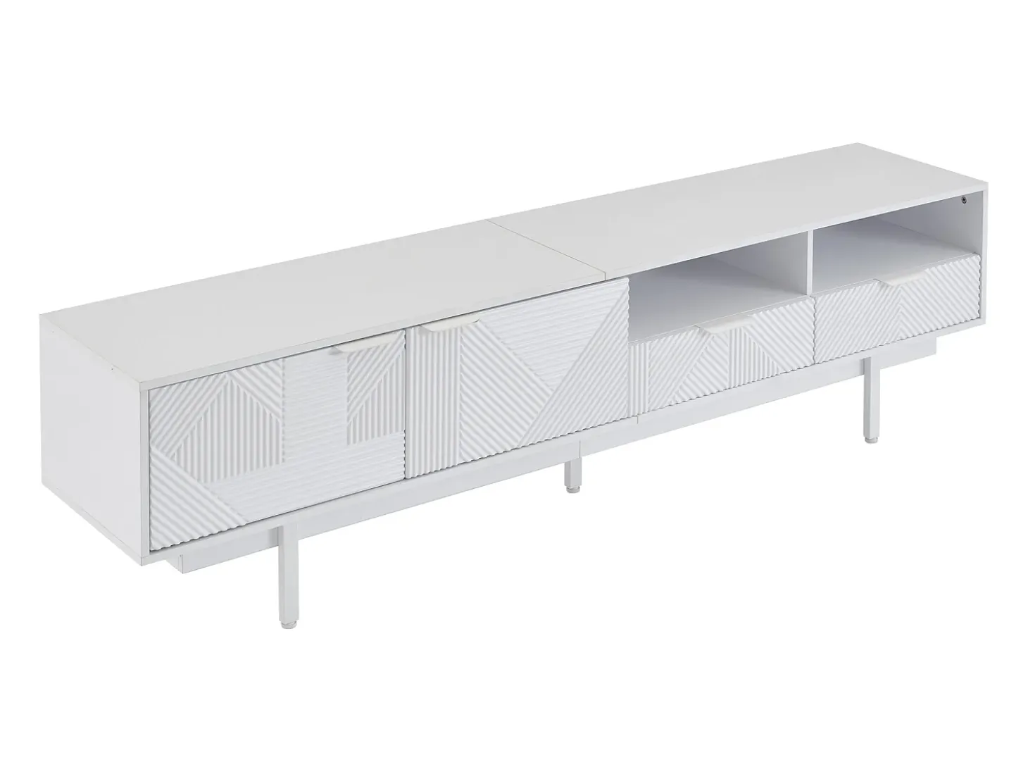 Móvel de TV branco com linhas geométricas - 2 portas e 2 gavetas