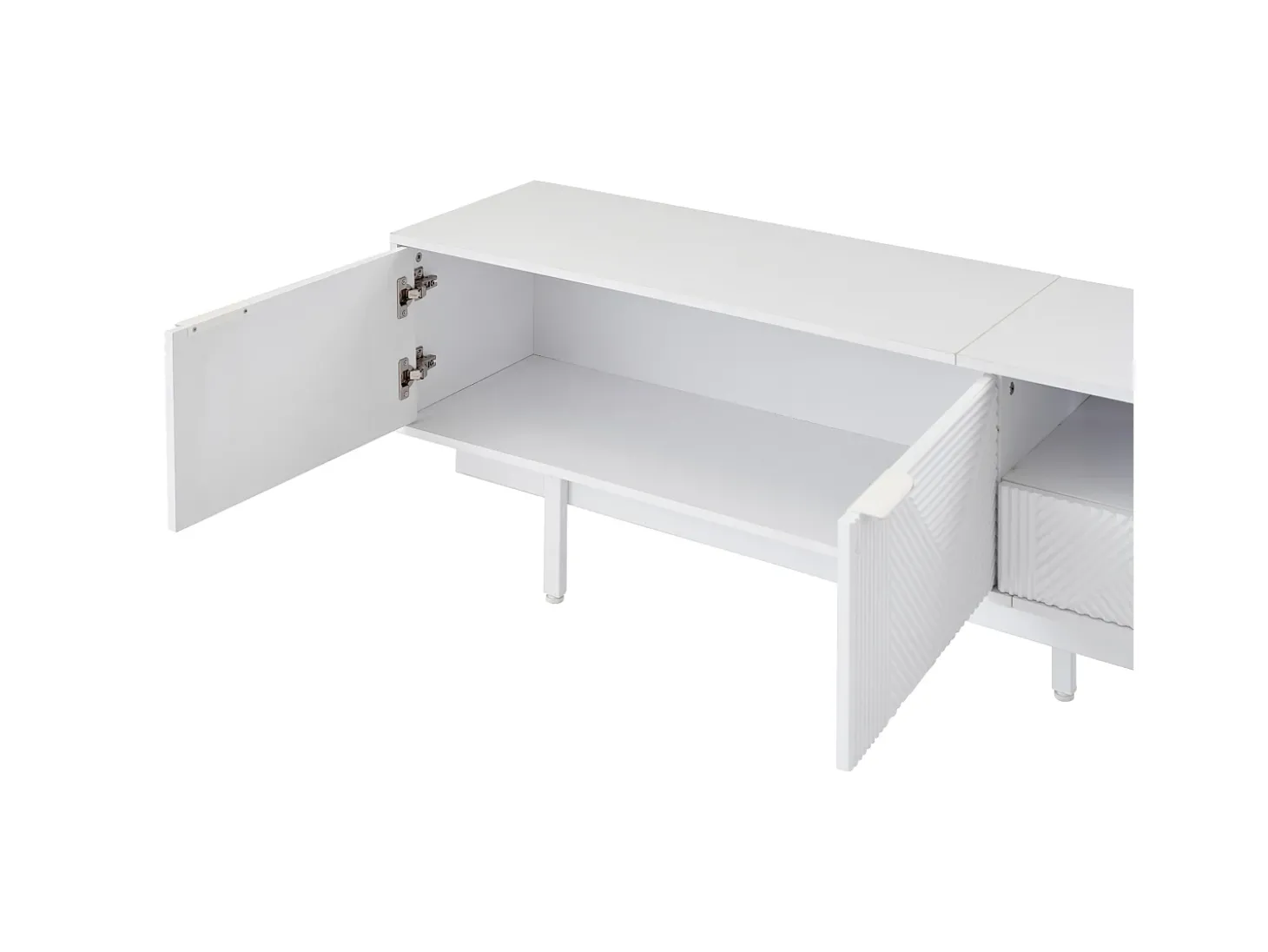Móvel de TV branco com linhas geométricas - 2 portas e 2 gavetas