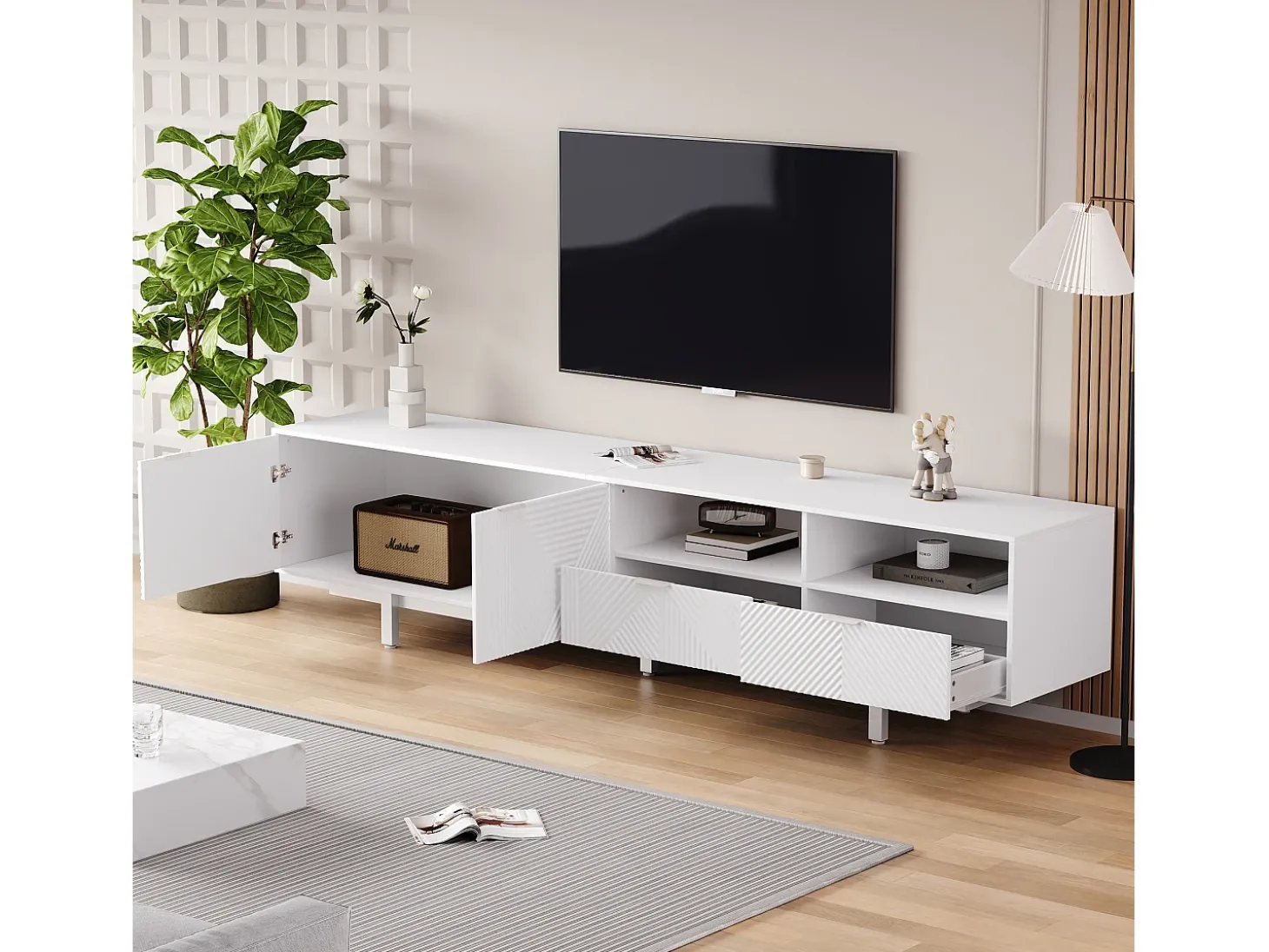 Móvel de TV branco com linhas geométricas - 2 portas e 2 gavetas