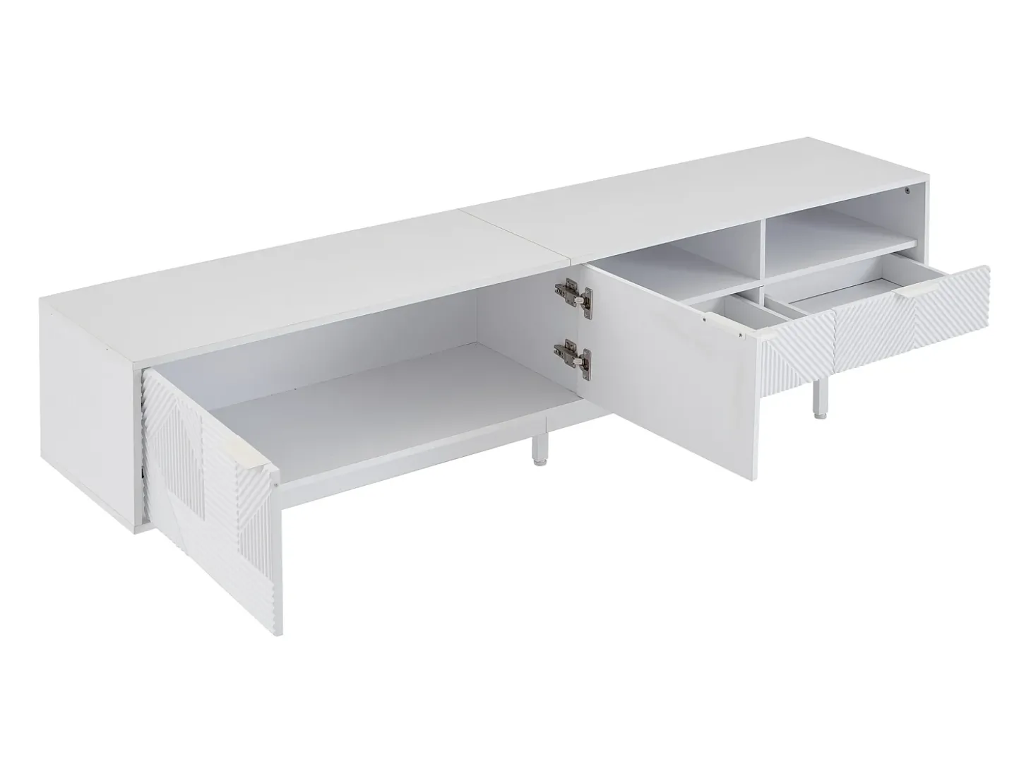 Móvel de TV branco com linhas geométricas - 2 portas e 2 gavetas