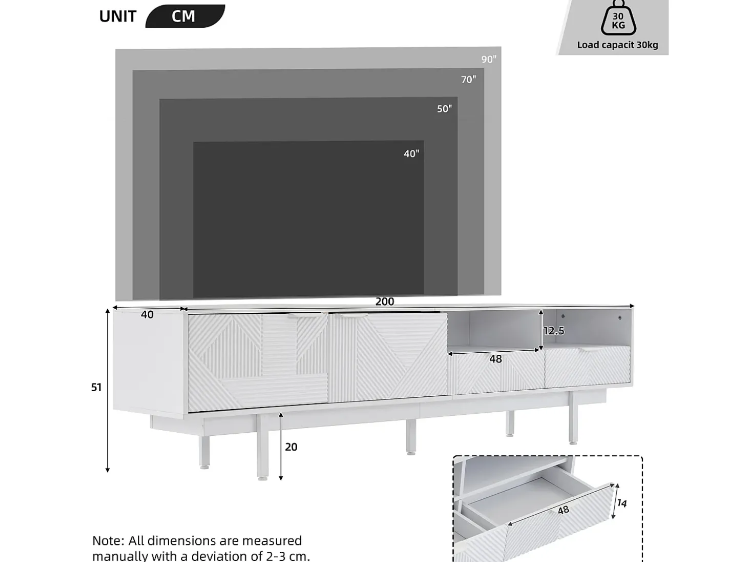 Móvel de TV branco com linhas geométricas - 2 portas e 2 gavetas