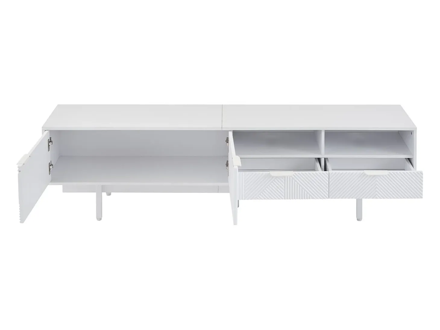 Móvel de TV branco com linhas geométricas - 2 portas e 2 gavetas