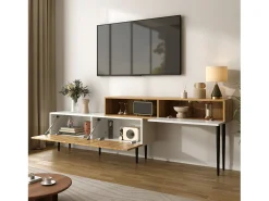 Móvel de TV branco e madeira com 3 portas, modular em 2 partes, pés pretos