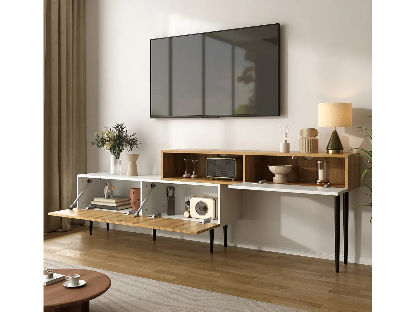 Móvel de TV branco e madeira com 3 portas, modular em 2 partes, pés pretos