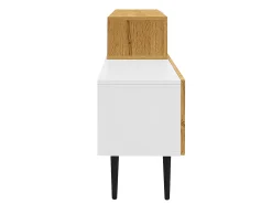 Móvel de TV branco e madeira com 3 portas, modular em 2 partes, pés pretos