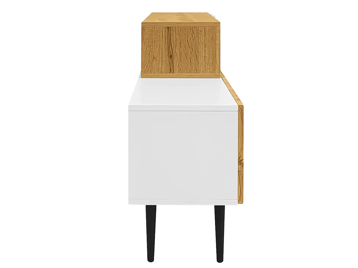 Móvel de TV branco e madeira com 3 portas, modular em 2 partes, pés pretos