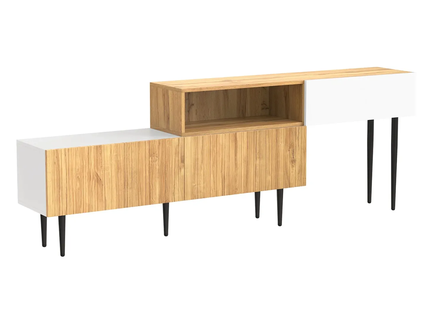 Móvel de TV branco e madeira com 3 portas, modular em 2 partes, pés pretos
