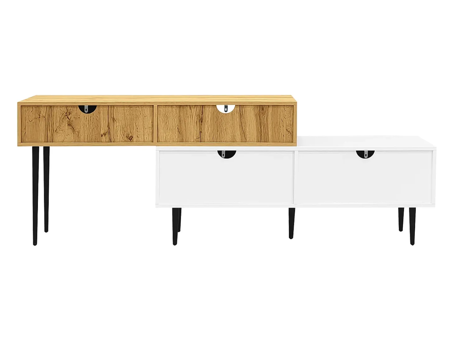 Móvel de TV branco e madeira com 3 portas, modular em 2 partes, pés pretos