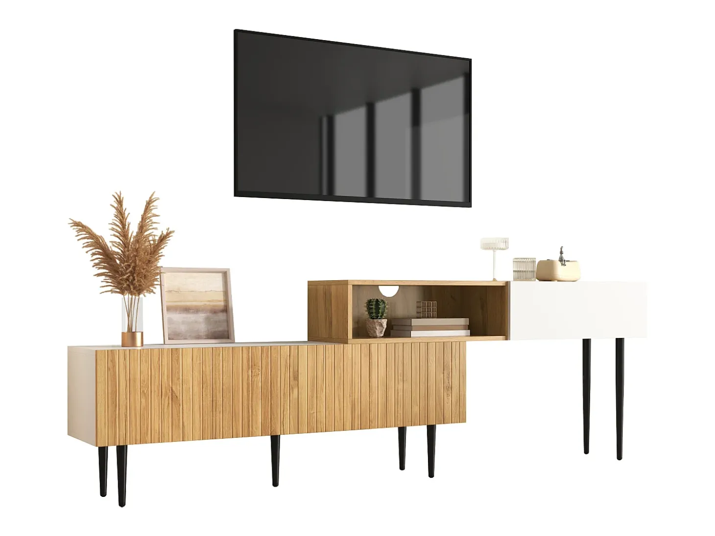 Móvel de TV branco e madeira com 3 portas, modular em 2 partes, pés pretos