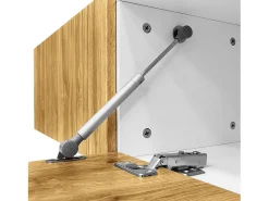 Móvel de TV branco e madeira com 3 portas, modular em 2 partes, pés pretos