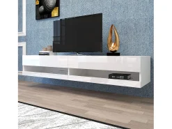 Móvel de TV branco para parede com espaço de arrumação e iluminação LED - Acabamento brilhante