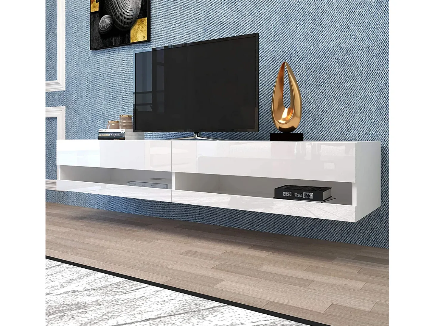 Móvel de TV branco para parede com espaço de arrumação e iluminação LED - Acabamento brilhante